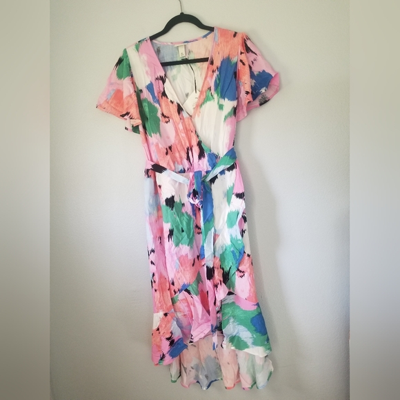 Women's Flutter Short Sleeve Midi Wrap Dress - Ava & Viv Abstract Floral XXL - Picture 5 of 8